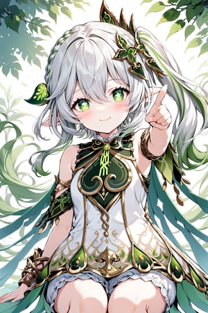 1girl, solo, long hair, looking at viewer, blush, smile, bangs, hair ornament, dress, hair between eyes, sitting, closed mouth, underwear, green eyes, white hair, multicolored hair, detached sleeves, green hair, sleeveless, pointy ears, cape, white dress, side ponytail, symbol-shaped pupils, gradient hair, sleeveless dress, pointing, bloomers, cross-shaped pupils, nahida \(genshin impact\)