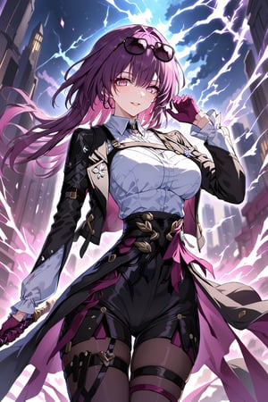 1girl, solo, long hair, breasts, looking at viewer, smile, bangs, large breasts, shirt, red eyes, gloves, long sleeves, holding, hair between eyes, jacket, white shirt, weapon, purple hair, pantyhose, outdoors, parted lips, shorts, collared shirt, sword, holding weapon, blurry, arm up, black jacket, thigh strap, blurry background, holding sword, black shorts, hair intakes, sunglasses, eyewear on head, electricity, purple gloves, kafka(honkai: star rail)