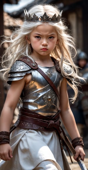 Japanese Little girl, 9 yo, white skin, warrior, (((little girl))), Beautiful, face, 8K, HDR, Masterpiece, Hyperrealistic, portrit of a little girl with perfect body, detailed face, sweet, angry, in a medieval town, beautiful, REALISTIC, long hair, white hair, muscle, queen crown, tiara, pendant, necklace, earring, holding sword,