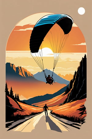 paragliding on rocky mountain , dramatic sunset scene featuring the paragliding with pilot against the backdrop of the sunset on the road, front-left view, perspective,greg rutkowski,T shirt design,Leonardo Style