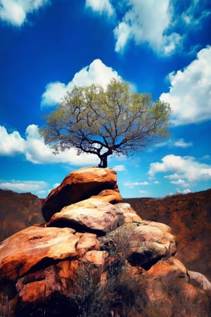 outdoors, sky, day, cloud, , tree, blue sky, no humans, scenery, rock, SFW,ink ,colorful