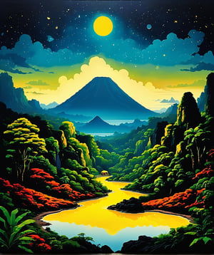 Visual  a family camping with a yellow dome tent, campfire beside it. tropical forests and a vulcano in the distance The sky was dark and cloudless. The entire scene is bathed in a calm, 