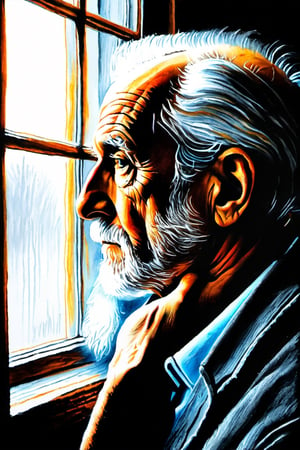 charcoal drawing an old man is looking outside a window, 4k, uhd, masterpiece,kyle_hyde