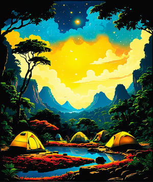 Visual  a family camping with a yellow dome tent, campfire beside it. tropical forests and a vulcano in the distance The sky was dark and cloudless. The entire scene is bathed in a calm, 