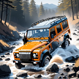 orange land rover defender 110 1975, rocky river, adventure, leonardo art style, detail picture, tshirt design black flat background,T shirt design, sillouete of rock on left and right as a frame 