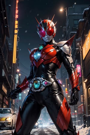 kamenrider, Snow White as a Kamen Rider, hyper HD, 4K, where neon lights illuminate the night, the iconic figure of Kamen Rider emerges. Her hyper-realistic appearance, captured in stunning 4K definition, leaves the crowd in awe. Witness the famous scenes of this mechanical marvel in action, as she defends against the darkness that threatens humanity, her hyper-detailed armor gleaming under the city lights.