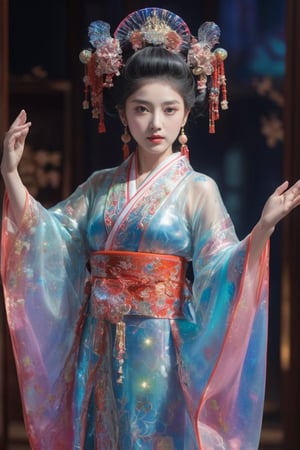 ultra Realistic,Extreme Detailed,beautiful Prism light,stardust,rainbow-colored light,
Glass made ultra Detailed transparent oiran Girl,ultra transparent,wearing luxury high-tech Hanfu, walk,
dancing oiran , perfect hands,