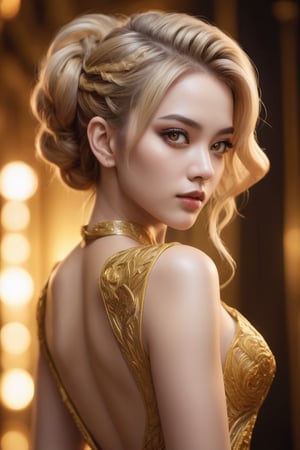 Beautiful girl. She is very badass, she wears a very fancy evening dress. detailed image, detailed skin. Himecut hairstyle, yellow eyes, golden hair, very close-up, brushtrokes in background,Ink art, full body shot, lighting on hair,  