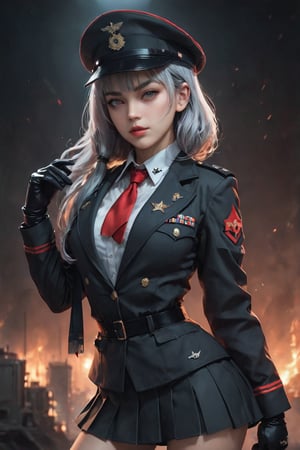 A young woman in a military uniform stands solo, looking directly at the viewer with an intense gaze. Her bangs frame her face, and her shirt is covered by a jacket with long sleeves. Her eyes glow red as she wears black gloves and a necktie, adding to the mysterious atmosphere. White and grey hair peeks out from under her hat, which matches the color of her military uniform, full body,(Short skirt), long legs,(military boots:1.3),