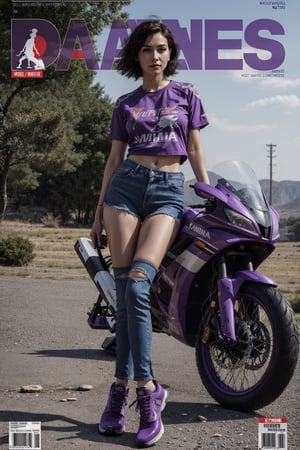 young lady, western face, aestethic body, short hair, magazine cover,ride bike r 15 from yamaha, detailed background with retro 80s theme, (violet,purple vibe), (oversize tshirt), accessories, body stickers, long jeans, ((perfect legs, black jordan shoes)), white hair, streaked hair, (tired eyes,close mouth), dynamic angle, (magazine cover, text),SharpEyess,Mecha body,rha30,Masterpiece,pdrally