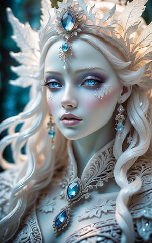 (best quality,8K,highres,masterpiece), ultra-detailed, (portrait of a beautiful ice fairy with albino porcelain skin), a enchanting ice fairy with ethereal features. Her porcelain skin is pristine and pale, with a delicate beauty that captivates the viewer. Ice blue eyes gleam with an otherworldly light, while her hair cascades in intricate ice-like strands, shimmering with a rasta-inspired pattern. Adorned with pearls and crystalline ice accents, she exudes an aura of timeless elegance and mystique. The scene is reminiscent of a fairy tale, with a monochrome color palette adding to the dreamlike quality of the artwork. Created using a mixed-media collage technique, the portrait is a masterpiece of texture and depth, with every detail meticulously crafted to perfection. Feel free to add your own creative touches to enhance the enchantment and beauty of this captivating ice fairy.