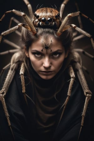 Dreamy portrait, spider creature, intricate spiders, perfect full body, intricate thorns, warm brown lights, by Peter Lindberg, Lee Jeffries