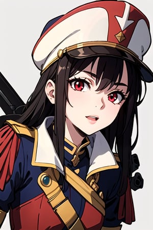 masterpiece, best quality, ultra-detailed, perfect anatomy, High detailed, detailed background, beautiful face,1girl  solo  long hair  red eyes  hat  weapon  sword  uniform  military  military uniform  gauntlets  shako cap,