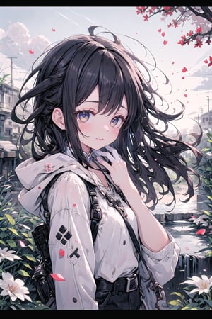 A young woman with a laid-back style, wearing jeans and a hoodie, her naturally curly black hair framing her face, paired with soulful brown eyes and expressive eyebrows, radiating a relaxed and easygoing expression, standing, long bangs, wind, floating hair, falling petals, autumn leaves, sunset, drain \(object\), upper body, masterpiece, best quality, artgem, digital art, intricate detail, highres, 
,1girl,pastelbg