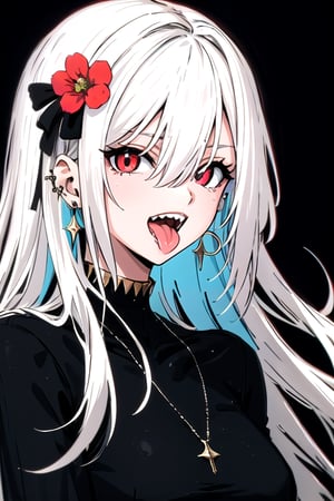 Beautiful girl holding flower village ,1girl  solo  long hair  looking at viewer  open mouth  bangs  hair ornament  red eyes  hair between eyes  jewelry  upper body  white hair  earrings  teeth  tongue  tongue out  piercing  sharp teeth  black background  gem  ear piercing