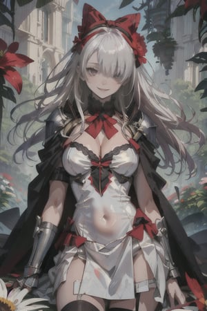 (Masterpiece, Best Quality, Photorealistic, High Resolution, 8K Raw), Smile, Looking At Viewer, Upper Body, 1 Girl, Solo, Beautiful Young Girl, 18 Years Old, Long Hair, (White Hair, Bangs:1.3), Big Breasts, Light red eyes, bow, navel, cleavage, flower, white dress, hair bow, socks, cape, kneehighs, black bow, gauntlets, (flower over eye:1.3), garden background, zero