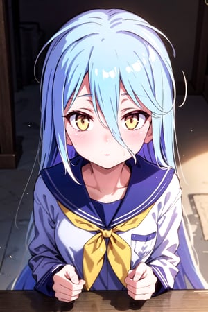 shiro,white_hair,long_hair,yellow_eyes,lolita,looking at viewer, blush,bow, hair between eyes, very long hair,  school uniform, blue hair