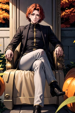 Here is a high-quality, coherent, and stable diffusion prompt based on your input:

A 30-year-old European gentleman, sans facial hair, reclines amidst a lush bed of fallen leaves in an enchanting autumn jungle. He's impeccably dressed in a black coat over a well-fitted shirt and jeans, his striking presence framed by the warm, amber light of countless orange trees. His hands, crafted for confident gestures, seem to defy gravity as he lounges, skin glowing with a soft, ethereal sheen. Towering orange trees cast dappled shadows, their rustling leaves creating a soothing symphony that harmonizes with his tranquil pose.