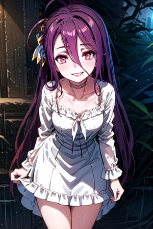 1girl solo long hair looking at viewer smile bangs black hair red eyes long sleeves dress ribbon hair between eyes very long hair collarbone outdoors frills choker indoors white dress grin red ribbon leaning forward black choker frilled dress glowing eyes