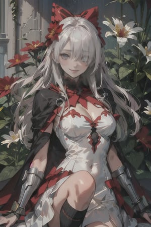 (Masterpiece, Best Quality, Photorealistic, High Resolution, 8K Raw), Smile, Looking At Viewer, Upper Body, 1 Girl, Solo, Beautiful Young Girl, 18 Years Old, Long Hair, (White Hair, Bangs:1.3), Big Breasts, Light red eyes, bow, navel, cleavage, flower, white dress, hair bow, socks, cape, kneehighs, black bow, gauntlets, (flower over eye:1.3), garden background, zero