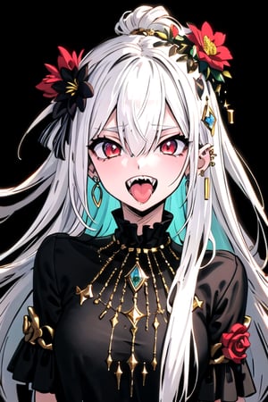 Beautiful girl holding flower village ,1girl  solo  long hair  looking at viewer  open mouth  bangs  hair ornament  red eyes  hair between eyes  jewelry  upper body  white hair  earrings  teeth  tongue  tongue out  piercing  sharp teeth  black background  gem  ear piercing