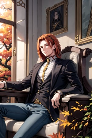 Here is a high-quality, coherent, and stable diffusion prompt based on your input:

A 30-year-old European gentleman, sans facial hair, reclines amidst a lush bed of fallen leaves in an enchanting autumn jungle. He's impeccably dressed in a black coat over a well-fitted shirt and jeans, his striking presence framed by the warm, amber light of countless orange trees. His hands, crafted for confident gestures, seem to defy gravity as he lounges, skin glowing with a soft, ethereal sheen. Towering orange trees cast dappled shadows, their rustling leaves creating a soothing symphony that harmonizes with his tranquil pose.