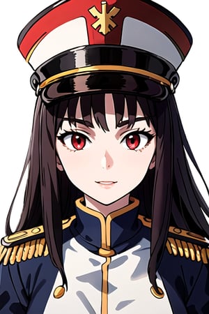 masterpiece, best quality, ultra-detailed, perfect anatomy, High detailed, detailed background, beautiful face,1girl  solo  long hair  red eyes  hat  weapon  sword  uniform black  military  military uniform  gauntlets  shako cap,