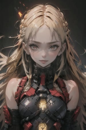 1woman, ((blank background)), vibrant colors, head and shoulders portrait, long_hair, blonde hair, single braid, pale, bangs, glowing red_eyes, warrior, large forhead,full_body