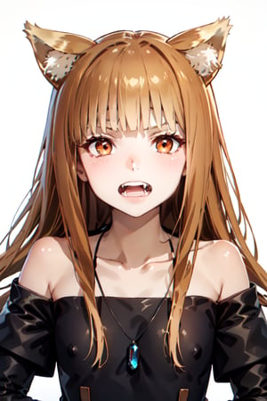 ,holo,1girl solo long hair looking at viewer blush bangs brown hair long sleeves white background dress ribbon animal ears bare shoulders jewelry collarbone upper body teeth necklace off shoulder orange hair orange eyes animal ear fluff fangs wolf ears slit pupils clenched teeth ribbon trim anger vein angry wolf girl spoken anger vein mouth pull