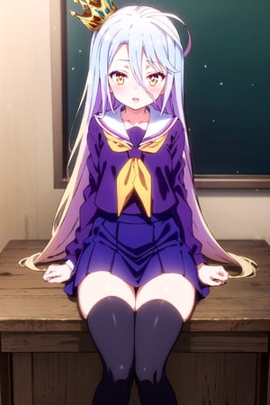 shiro,1girl solo long hair looking at viewer blush open mouth skirt thighhighs very long hair school uniform yellow eyes serafuku black thighhighs zettai ryouiki crown