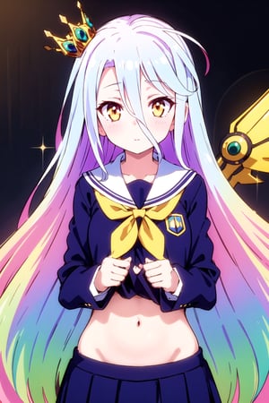 shiro,white_hair,long_hair,yellow_eyes,lolita,looking at viewer, blush,bow, hair between eyes, very long hair,  school uniform_blue, blue hair,navel very long hair yellow eyes pink hair purple hair multicolored hair green hair  hair multicolored eyes mechanical wings