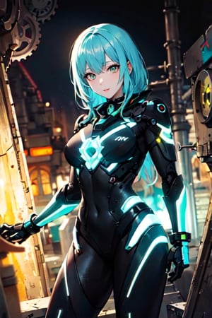 vibrant colors, female, masterpiece, sharp focus, best quality, depth of field, cinematic lighting, ((solo, one woman )), (illustration, 8k CG, extremely detailed), masterpiece, ultra-detailed, Kingdom of Mechanisms

Hair Length: Short and shaggy
Hair Color: Bright Cyan
Eye color: Neon yellow
Clothes: Engineer suit with metal parts, night vision goggles.

This figure stood in the Clockwork Realm, with short, bright cyan hair that seemed to glow with electrical energy. Neon yellow eyes scrutinized the complex mechanisms and machines that populated the kingdom. He wore an engineer's suit with metal parts and night vision goggles, immersed in his work of creating and maintaining the kingdom's machines.