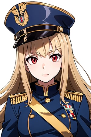 masterpiece, best quality, ultra-detailed, perfect anatomy, High detailed, detailed background, beautiful face,1girl  solo  long hair  red eyes  hat  weapon  sword  uniform  military  military uniform  gauntlets  shako cap,syy