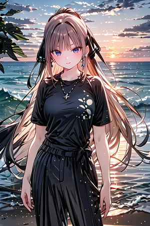 French girl,grey blonde hair(very long hair, curly_hair),long ponytail,hiphop dancer,wearing all black clothes (loose fit top and wide cargo pants),sneakers,accessories(necklace,ear_rings), standing in the sea,horizon,seaside,vivid sea color,red lighthouse,sunset,Best Quality, 32k, photorealistic, ultra-detailed, finely detailed, high resolution, perfect dynamic composition, beautiful detailed eyes, sharp-focus, cowboy_shot, 