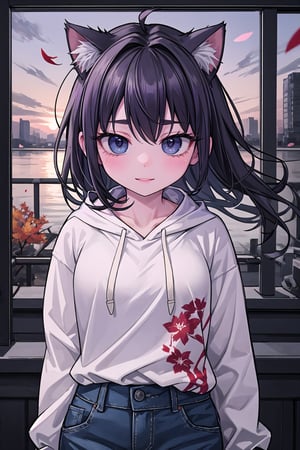 A young woman with a laid-back style, wearing jeans and a hoodie, her naturally curly black hair framing her face, paired with soulful brown eyes and expressive eyebrows, radiating a relaxed and easygoing expression, standing, long bangs, wind, floating hair, falling petals, autumn leaves, sunset, drain \(object\), upper body, masterpiece, best quality, artgem, digital art, intricate detail, highres, 
,1girl,pastelbg,cat ear