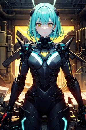 vibrant colors, female, masterpiece, sharp focus, best quality, depth of field, cinematic lighting, ((solo, one woman )), (illustration, 8k CG, extremely detailed), masterpiece, ultra-detailed, Kingdom of Mechanisms

Hair Length: Short and shaggy
Hair Color: Bright Cyan
Eye color: Neon yellow
Clothes: Engineer suit with metal parts, night vision goggles.

This figure stood in the Clockwork Realm, with short, bright cyan hair that seemed to glow with electrical energy. Neon yellow eyes scrutinized the complex mechanisms and machines that populated the kingdom. He wore an engineer's suit with metal parts and night vision goggles, immersed in his work of creating and maintaining the kingdom's machines.,gore