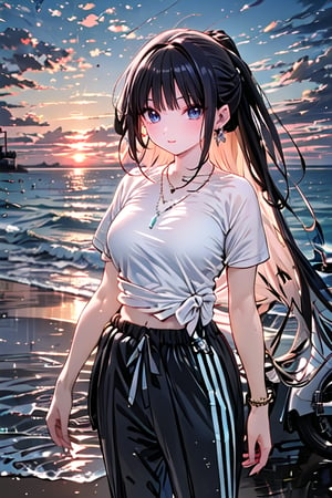 French girl,grey blonde hair(very long hair, curly_hair),long ponytail,hiphop dancer,wearing all black clothes (loose fit top and wide cargo pants),sneakers,accessories(necklace,ear_rings), standing in the sea,horizon,seaside,vivid sea color,red lighthouse,sunset,Best Quality, 32k, photorealistic, ultra-detailed, finely detailed, high resolution, perfect dynamic composition, beautiful detailed eyes, sharp-focus, cowboy_shot, 