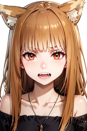 ,holo,1girl solo long hair looking at viewer blush bangs brown hair long sleeves white background dress ribbon animal ears bare shoulders jewelry collarbone upper body teeth necklace off shoulder orange hair orange eyes animal ear fluff fangs wolf ears slit pupils clenched teeth ribbon trim anger vein angry wolf girl spoken anger vein mouth pull