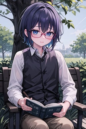 In a vibrant anime-inspired setting, a single, bespectacled young man sits on a grassy hill within the park's lush greenery. His bright blue eyes sparkle as he gazes down at a book lying open in his lap. The sun casts a warm glow, and the surrounding trees provide a gentle rustling of leaves. The focus is sharp on the man's face, with a soft blur effect on the background to emphasize its depth.