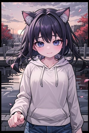 A young woman with a laid-back style, wearing jeans and a hoodie, her naturally curly black hair framing her face, paired with soulful brown eyes and expressive eyebrows, radiating a relaxed and easygoing expression, standing, long bangs, wind, floating hair, falling petals, autumn leaves, sunset, drain \(object\), upper body, masterpiece, best quality, artgem, digital art, intricate detail, highres, 
,1girl,pastelbg,cat ear