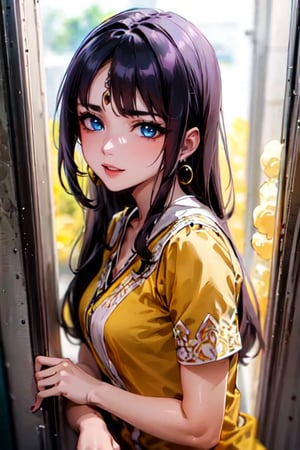 lovely cute young attractive indian girl, blue eyes, gorgeous actress, 23 years old, cute, an Instagram model, long hair, black hair, Indian, weaaring blouse, wearing bindi in forehead, ear rings,looking hot, under sunlight, looking on window,sulfur 