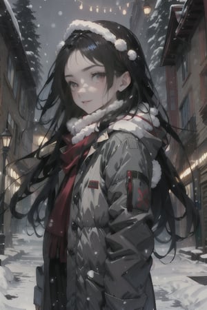 (masterpiece, best quality)     TifaFF7, 1girl, solo, long hair, red eyes, black hair, in a winter wonderland,TifaFF7