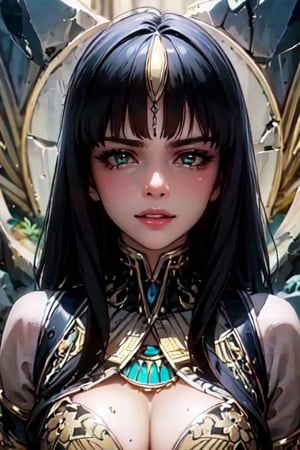 Best quality, Masterpiece, Ultra High Resolution, (Fidelity:1.2), (Realistic:1.3), 1woman, mature Egyptian woman, green eyes, black hair flaps, portrait, solo, upper body, looking at viewer, detailed background, detailed face, ancient Egyptian theme, feral jungle warrior, pink tribal clothing, obsidian, defensive stance, stone knife, bushes, poisonous plants, rocks,  humid climate, darkness, cinematic atmosphere,
dark chamber, dim light (zentangle, mandala, tangle, entangle), (golden and green tone:0.5)
(35mmstyle:1.1), front, masterpiece, 1970s film, cinematic lighting, photo-realistic, high frequency details, 35mm film, (film grain), film noise,Shiny_skin,egyptian