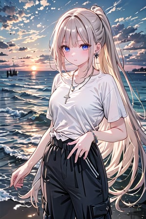 French girl,grey blonde hair(very long hair, curly_hair),long ponytail,hiphop dancer,wearing all black clothes (loose fit top and wide cargo pants),sneakers,accessories(necklace,ear_rings), standing in the sea,horizon,seaside,vivid sea color,red lighthouse,sunset,Best Quality, 32k, photorealistic, ultra-detailed, finely detailed, high resolution, perfect dynamic composition, beautiful detailed eyes, sharp-focus, cowboy_shot, 