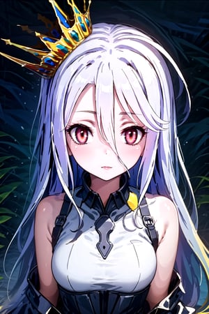 1girl solo long hair looking at viewer bangs red eyes hair between eyes closed mouth upper body grey hair crown multicolored eyes