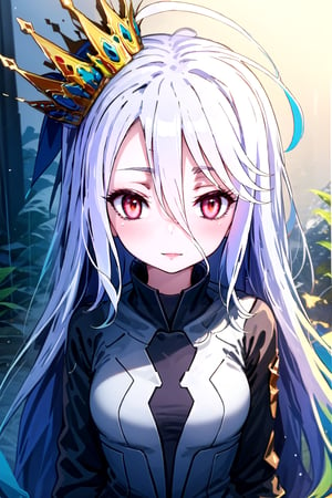 1girl solo long hair looking at viewer bangs red eyes hair between eyes closed mouth upper body grey hair crown multicolored eyes