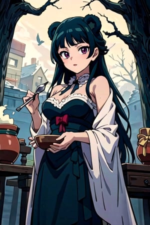 a bird, a bear The bird stands next to the bowl of soup, Bowl of Bird's Nest Soup,Masterpiece, 1 spoon, wooden bowl, outdoors, tree,Bird's Nest Jar,Animal, best hand,gothic maiden anime girl,gothic maiden anime girl,