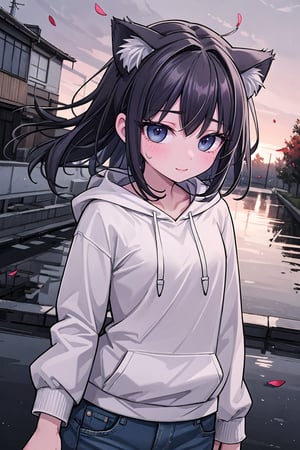 A young woman with a laid-back style, wearing jeans and a hoodie, her naturally curly black hair framing her face, paired with soulful brown eyes and expressive eyebrows, radiating a relaxed and easygoing expression, standing, long bangs, wind, floating hair, falling petals, autumn leaves, sunset, drain \(object\), upper body, masterpiece, best quality, artgem, digital art, intricate detail, highres, 
,1girl,pastelbg,cat ear