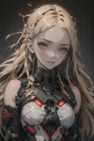 1woman, ((blank background)), vibrant colors, head and shoulders portrait, long_hair, blonde hair, single braid, pale, bangs, glowing red_eyes, warrior, large forhead,full_body