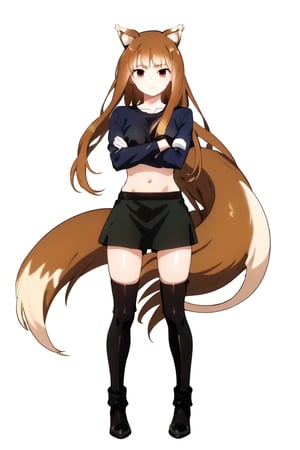 ,holo,1girl, solo, long hair, skirt, simple background, brown hair, shirt, black hair, thighhighs, white background, navel, brown eyes, full body, boots, midriff, black thighhighs, black footwear, zettai ryouiki, thigh boots, crossed arms, t-shirt,wolf ears